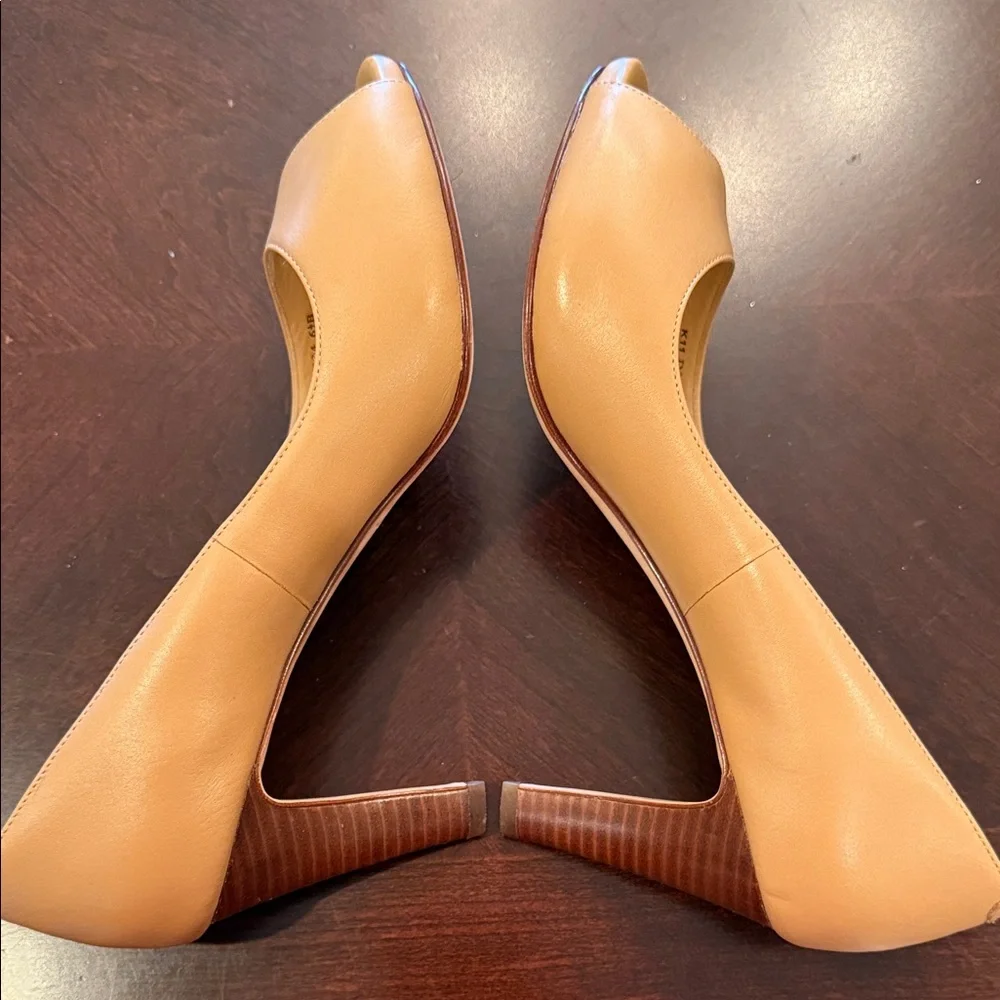 Cole Haan Peep Toe Pumps Nude Tan Leather High Heels Size 6.5B